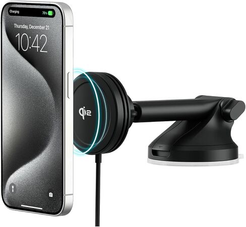 iOttie Velox Qi2 Mini 15W حامل شاحن لاسلكي للسيارة - حامل هاتف السيارة والزجاج الأمامي - حامل iPhone متوافق مع MagSafe للهواتف الذكية Qi2 (iPhone 12، 13، 14، و15) - شاحن سيارة متضمن in Saudi Arabia