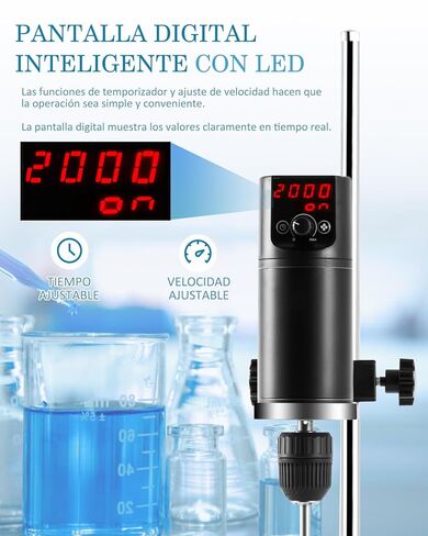 محرك كهربائي علوي Max.40L LCD خلاط مختبر رقمي 10000mPa.s الوقت والسرعة قابل للتعديل قضيب التحريك متضمن 100-2000RPM 120W in Kuwait