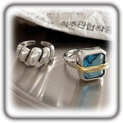 GIGB PBDK 2Pcs Chunky Large Sea Blue Crystal Ring Set, Simple Dainty Fried Dough Twists Geometric Gold Silver Mixed Color Ring, Adjustable Finger Band Jewelry in Saudi Arabia