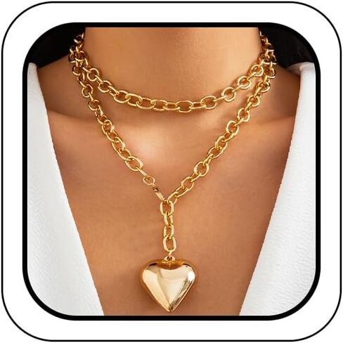 Trendy Chunky Gold Big Heart Necklaces Long Thick Chain Choker for Women, Charm Silver Large Love Heart Pendant Necklace Statement Jewelry Accessories in Saudi Arabia