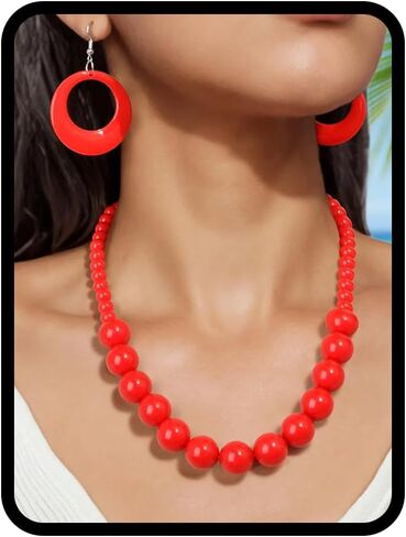Yellow Beaded Necklace and Hoop Earrings Set for Women – Chunky Retro Statement Jewelry, Bold Colorful 80s Costume Accessories in Saudi Arabia
