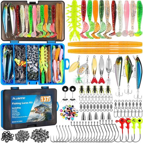 PLUSINNO Fishing Lures, 137Pcs Tackle Box with Tackle Included, Crankbaits, Spoon, Hooks, Weights & Other Accessories, Fishing Bait Lure Gear Kit Gift for Men Bass Freshwater in Saudi Arabia