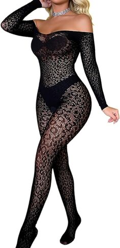 Women's Lace Leopard Sexy Bodystocking One Piece Lingerie Full Body Fishnet Bodysuit Elastic Mesh Tights Jumpsuit in Saudi Arabia