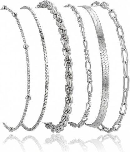 Dainty Silver Bracelets for Women Layered Trendy Minimalist Simple Cuban Link Paperclip Box Figaro Chain Adjustable Bracelet Set for Women in Saudi Arabia
