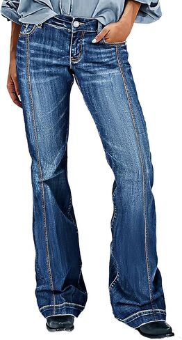 Flamingals Bootcu Jeans for Women Mid Waist Vintage Seam Front Detail Washed Denim Pants with Pockets in Saudi Arabia