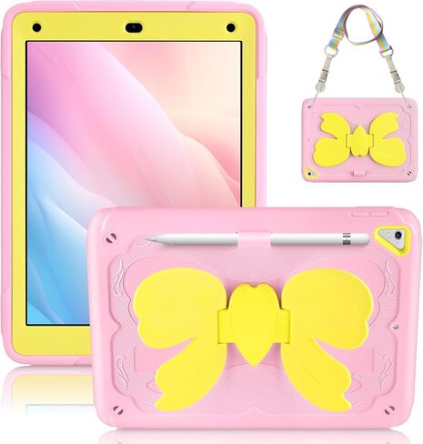 حافظة لجهاز iPad 9th 8th 7th Generation iPad 10.2 حافظة للأطفال البنات مع واقي شاشة على شكل فراشة ومسند للكتف وحزام للأقلام وسلسلة مفاتيح وغطاء تابلت واقٍ متين شديد التحمل in Saudi Arabia