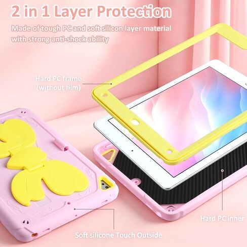 حافظة لجهاز iPad 9th 8th 7th Generation iPad 10.2 حافظة للأطفال البنات مع واقي شاشة على شكل فراشة ومسند للكتف وحزام للأقلام وسلسلة مفاتيح وغطاء تابلت واقٍ متين شديد التحمل in Saudi Arabia