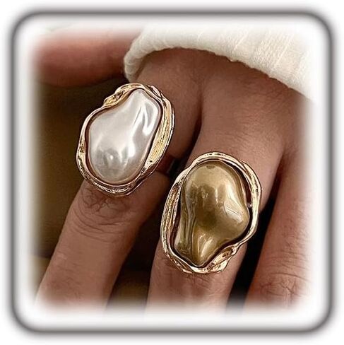Pearl Ring for Women Gold Statement Stackable Rings Vintage Baroque Pearl Adjustable Ring Set Trendy Big Knuckle Rings Simple Everyday Jewelry in Saudi Arabia