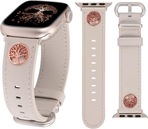 W-RARA Leather Bands Compatible with Apple Watch Band 38mm 40mm 41mm Women, Dressy Leather Strap Elegant Metal Charms Metal Diamonds Decor for iWatch Series 8 SE 7 6 5 4 3 2 1 in Saudi Arabia
