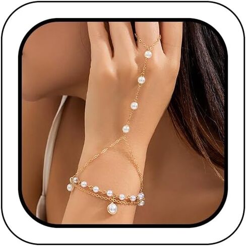 Cute Beaded Pearl Gold Hand Chain Bracelets Rings for Women Dainty, Exquisite Beads Pearls Finger Ring Slave Bracelet Party Prom Jewelry Accessories Gift in Saudi Arabia