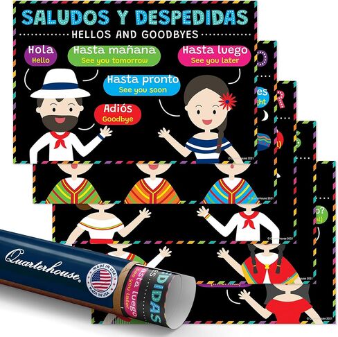 Quarterhouse Spanish Words and Phrases Poster Set, Spanish - ESL Classroom Learning Materials for K-12 Students and Teachers, Set of 12, 12 x 18 Inches, Extra Durable in Saudi Arabia