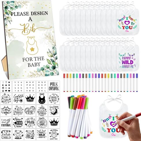 100 قطعة من مرايل الأطفال DIY مجموعة ديكور 50 مريلة 25 استنسل 24 علامة 1 علامة استحمام الطفل هدايا لحفلات الكشف عن الجنس in Saudi Arabia