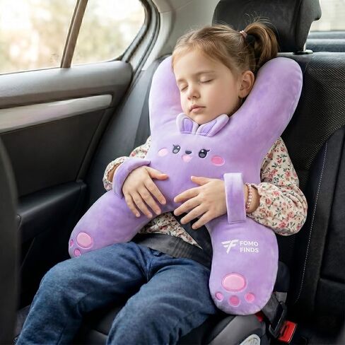 Kids Car Sleeping Pillow - X-Shaped Plush Animal for Neck & Back Support - Hands & Seat Belt Slot - Machine Washable & Compressible - Perfect for Car, Plane, Train, Boat & More - Purple in Saudi Arabia