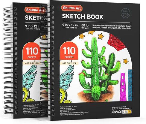 Shuttle Art 9x12" Sketchbook, 220 Sheets Total, Pack of 2(110 Sheets Each), 68lb/100gsm Thick Paper, Spiral Bound Mixedmedia Sketch Pad, Acid-free Drawing Pad for Kids Adults Artists Sketching Drawing in Saudi Arabia