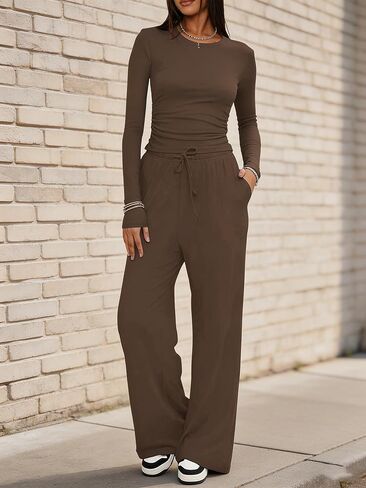 Womens Two Piece Outfits Long Sleeve Slim Fit Shirt and Wide Leg Pants Lounge Sets with Pockets Tracksuit in Saudi Arabia