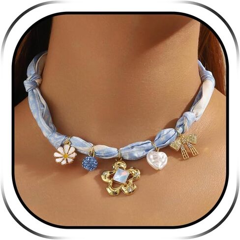 Scarf Necklace with Charm Gold Heart Flower Pendants Charm Necklaces Scarf Boho Beach Jewelry Gift for Women in Saudi Arabia