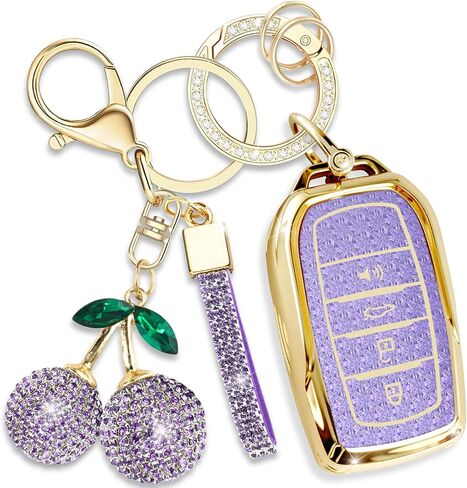 Sparkly Key Fob Cover with Cherry Keychain, Bling TPU Smart Key Case for Women, Compatible with Toyota Hilux Corolla Land Cruiser Venza RAV4 prime Sienna Fortuner (4-Button, Gold Pink) in Saudi Arabia