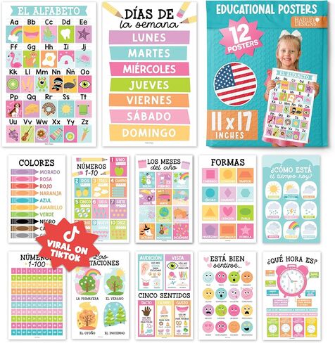 12 Farmhouse Spanish Posters For Classroom Decorations For Preschool Teachers - Spanish Classroom Posters Elementary, Spanish Learning For Kids Educational Posters, Bilingual Learning Spanish For Kids in Kuwait
