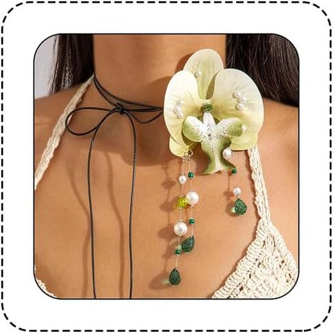 Bethynas Boho Orchid Flower Choker Necklace with Beads Pendant Artificial Floral Long Suede Rope Wrap Collar Necklace Hawaiian Beach Party Neck Accessory for Women in Saudi Arabia