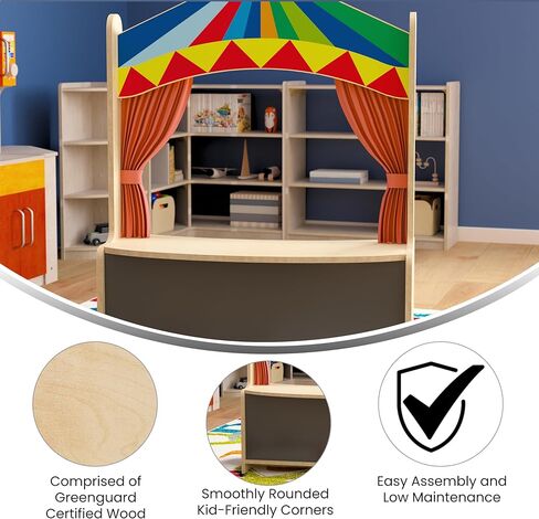 Classroom Essentials Wooden Puppet Theater with Removable Curtains and Bottom Magnetic Chalkboard, Natural in Kuwait