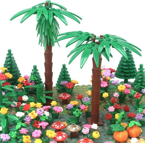 Garden Plants Building Bricks Accessories Flowers Bushes Palm Trees Leaves Shrubs Vines Green Grass Bulk Botanical Pieces and Parts Block Toys for Jungle Forest Park Decor Compatible with Major Brands in Kuwait