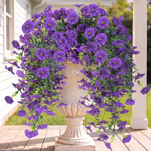 Artificial Fake Hanging Flowers Plants for Outdoor Outside Spring Summer Decoration 2PCS Faux Silk UV Resistant Realistic Morning Glory with Eucalyptus for Home Porch Patio Balcony(Fall Orange) in Saudi Arabia