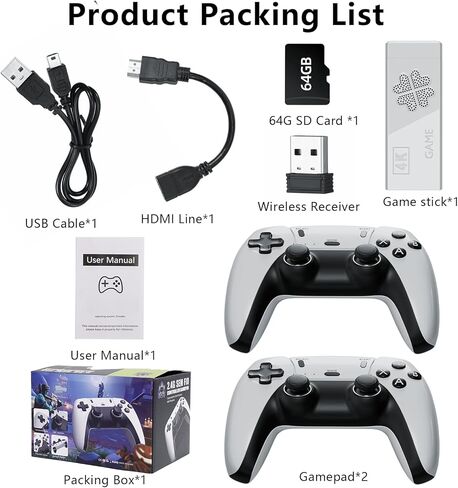 2026 Upgraded Wireless Retro Gaming Console Stick 4K HDMI, Retro Video Game Console,Plug and Play TV Game Stick with 30000+ Games, Dual 2.4G Wireless Control,23 Built-in Emulators, 64G TF Card (pro) in Kuwait