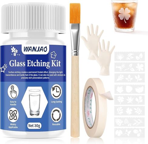 WANJAO 80g Glass Etching Kit, Frosted Glass Etching Kit Long-Lasting Creative Etch Creating Matte Glasses Effect with Stencil Gloves Paper Tape for Glasses Mugs Jars Mirrors Mother Day in Kuwait