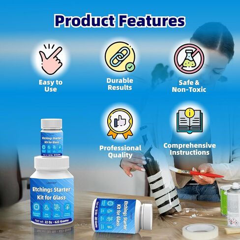 2.8oz Glass Etching Kit with Gloves, High Adhesion Etching Starter Kit, Glass Etching Kit for Wine Glasses, Mugs, Jars, Mirrors, Easily Create Matte Glass Designs, Durable & Long-Lasting Results in Kuwait