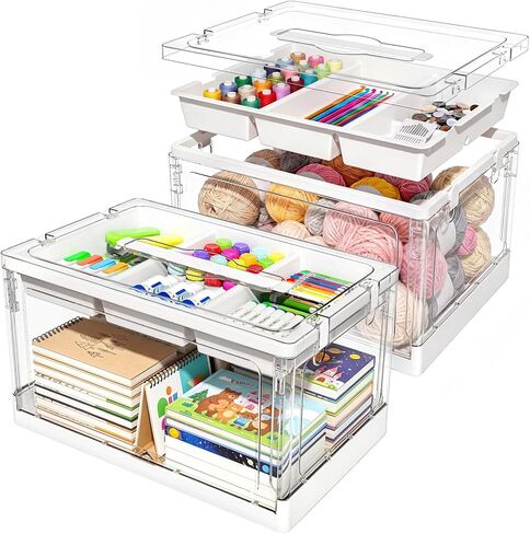 𝟐𝟒𝐐𝐓 𝟐𝐏𝐚𝐜𝐤𝐬 Clear Craft Organizers and Storage with Trays, Art Supply Organizer and Storage, Craft Storage Box with Lid for Beads, Markers, Coloring Books, Sewing, Playdoh and Tools in Kuwait