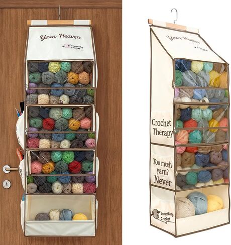 منظم تخزين كل شيء من Crochet Yarn Heaven - حقيبة غزل معلقة فوق الباب والخزانة للكروشيه والحياكة، حامل خصلة شعر يحمل أكثر من 200 خصلة مع جيوب شفافة لمخبأة الغزل والخطافات والإبر in Kuwait