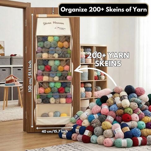منظم تخزين كل شيء من Crochet Yarn Heaven - حقيبة غزل معلقة فوق الباب والخزانة للكروشيه والحياكة، حامل خصلة شعر يحمل أكثر من 200 خصلة مع جيوب شفافة لمخبأة الغزل والخطافات والإبر in Kuwait
