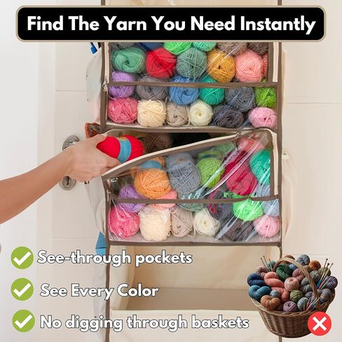 منظم تخزين كل شيء من Crochet Yarn Heaven - حقيبة غزل معلقة فوق الباب والخزانة للكروشيه والحياكة، حامل خصلة شعر يحمل أكثر من 200 خصلة مع جيوب شفافة لمخبأة الغزل والخطافات والإبر in Kuwait