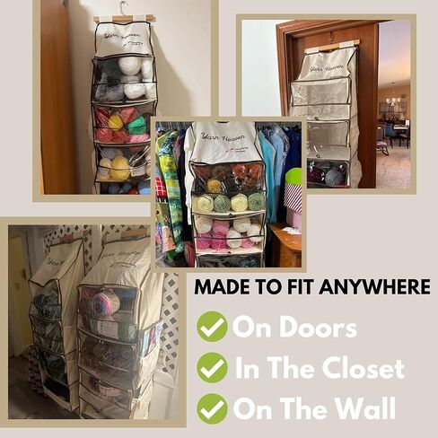 منظم تخزين كل شيء من Crochet Yarn Heaven - حقيبة غزل معلقة فوق الباب والخزانة للكروشيه والحياكة، حامل خصلة شعر يحمل أكثر من 200 خصلة مع جيوب شفافة لمخبأة الغزل والخطافات والإبر in Kuwait