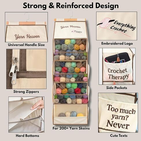 منظم تخزين كل شيء من Crochet Yarn Heaven - حقيبة غزل معلقة فوق الباب والخزانة للكروشيه والحياكة، حامل خصلة شعر يحمل أكثر من 200 خصلة مع جيوب شفافة لمخبأة الغزل والخطافات والإبر in Kuwait