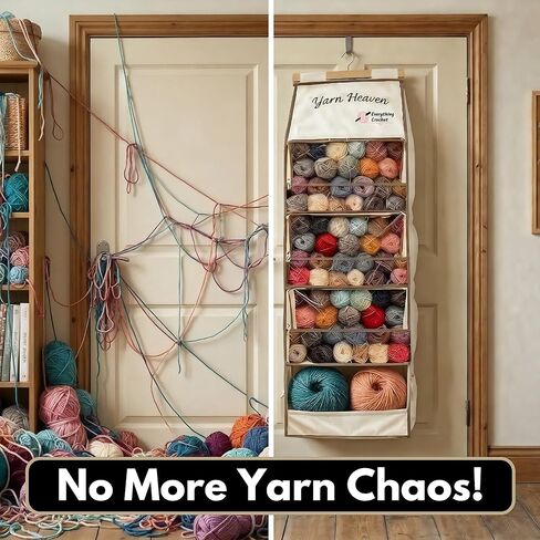 منظم تخزين كل شيء من Crochet Yarn Heaven - حقيبة غزل معلقة فوق الباب والخزانة للكروشيه والحياكة، حامل خصلة شعر يحمل أكثر من 200 خصلة مع جيوب شفافة لمخبأة الغزل والخطافات والإبر in Kuwait