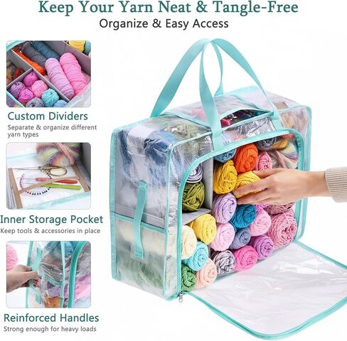 MYBAGZING Clear Yarn Storage Bags, 21" Large Flat Under Bed Yarn Organizer with Zipper & Handles, Stackable Knitting and Crochet Storage for Closet Shelves, Craft Room, Yarn Skeins, Hooks & Needles in Kuwait