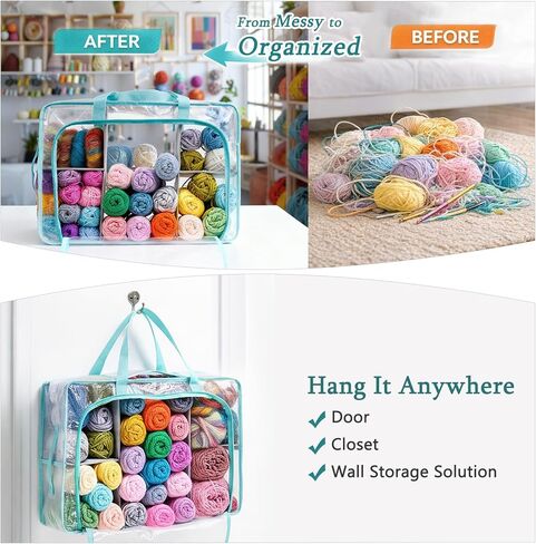 MYBAGZING Clear Yarn Storage Bags, 21" Large Flat Under Bed Yarn Organizer with Zipper & Handles, Stackable Knitting and Crochet Storage for Closet Shelves, Craft Room, Yarn Skeins, Hooks & Needles in Kuwait