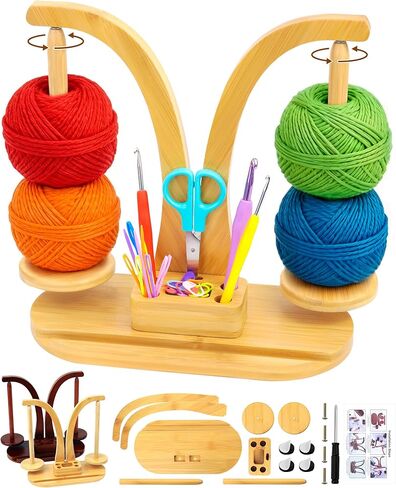 FIVEIZERO Double Magnetic Yarn Holder for Crocheting and Knitting, 360° Rotating Wooden Yarn Spinner with Phone Stand & Magnetic Storage Box, Mother's Day Gift for Knitting Lovers (Walnut Brown) in Kuwait