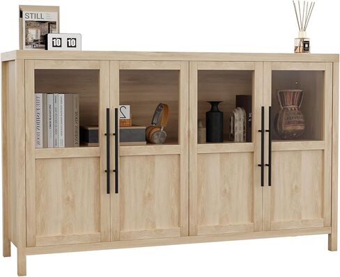 GarveeLife Sideboard Buffet Cabinet with 4 Glass Doors, 55 Inch Coffee Bar Wine Display Cabinet, Modern Storage Console for Kitchen Dining Room Living Room, Natural in Kuwait