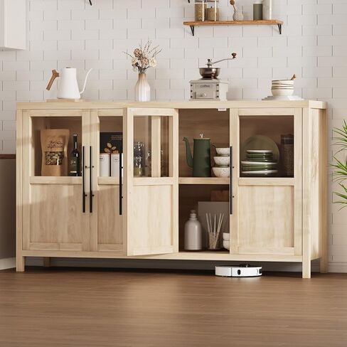 GarveeLife Sideboard Buffet Cabinet with 4 Glass Doors, 55 Inch Coffee Bar Wine Display Cabinet, Modern Storage Console for Kitchen Dining Room Living Room, Natural in Kuwait