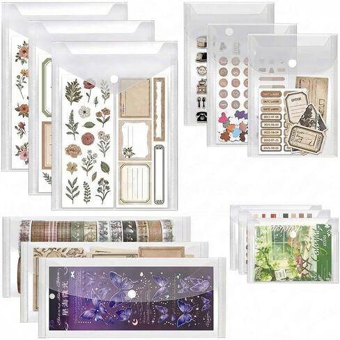 Sticker Organizer, Clear Plastic Envelopes with Snap, 12 Pack Waterproof and Durable for Sticker Storage, Scrapbook Storage, Washi Tape, Scrapbooking & Stamping Supplies (Mixed Sizes) in Kuwait