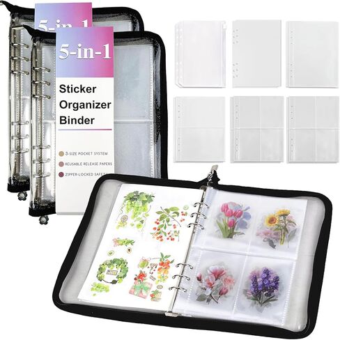 5-in-1 Sticker Organizer Book Reusable A5 Storage Binder with 220 Pockets,10 Release Papers, Zipper Album Sticker Collecting Display Keeper (Black) in Kuwait