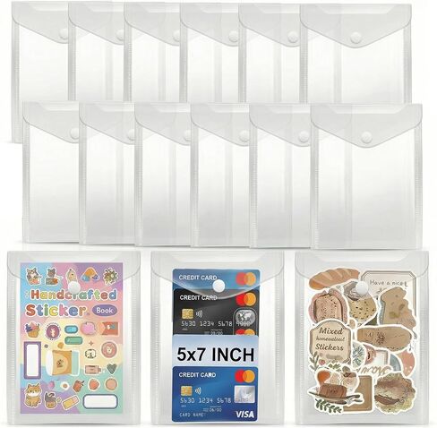 Sticker Organizer, Clear Plastic Envelopes with Snap, 12 Pack Waterproof and Durable for Sticker Storage, Scrapbook Storage, Washi Tape, Scrapbooking & Stamping Supplies (Mixed Sizes) in Kuwait