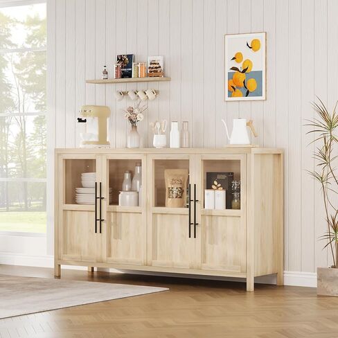 GarveeLife Sideboard Buffet Cabinet with 4 Glass Doors, 55 Inch Coffee Bar Wine Display Cabinet, Modern Storage Console for Kitchen Dining Room Living Room, Natural in Kuwait