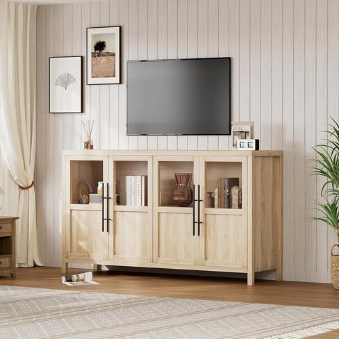 GarveeLife Sideboard Buffet Cabinet with 4 Glass Doors, 55 Inch Coffee Bar Wine Display Cabinet, Modern Storage Console for Kitchen Dining Room Living Room, Natural in Kuwait