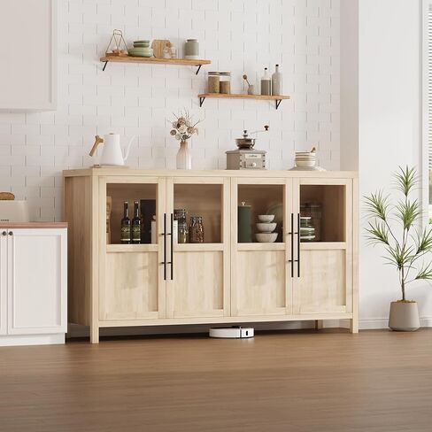 GarveeLife Sideboard Buffet Cabinet with 4 Glass Doors, 55 Inch Coffee Bar Wine Display Cabinet, Modern Storage Console for Kitchen Dining Room Living Room, Natural in Kuwait