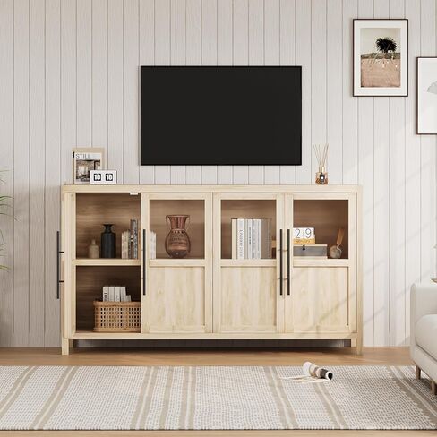 GarveeLife Sideboard Buffet Cabinet with 4 Glass Doors, 55 Inch Coffee Bar Wine Display Cabinet, Modern Storage Console for Kitchen Dining Room Living Room, Natural in Kuwait