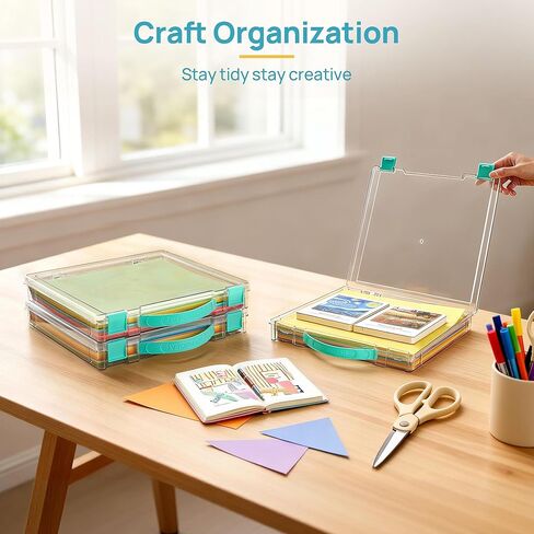 Vtopmart 3 Pack Board Game Storage with Handle and Snap-Tight Latch Lid, Craft Organizer Box Fit 12" x 12" Papers, Stackable Clear Storage Box for Art Supply Storage, Paper Storage, Puzzle Storage in Kuwait