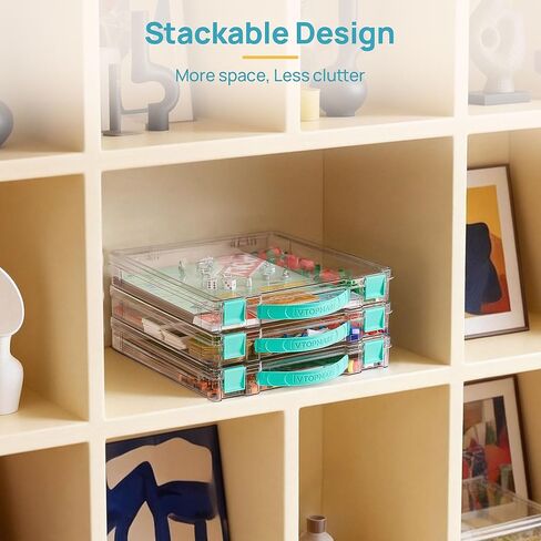 Vtopmart 3 Pack Board Game Storage with Handle and Snap-Tight Latch Lid, Craft Organizer Box Fit 12" x 12" Papers, Stackable Clear Storage Box for Art Supply Storage, Paper Storage, Puzzle Storage in Kuwait